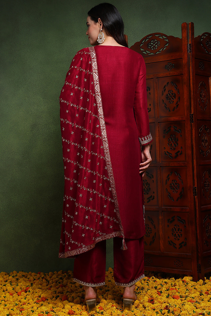 Maroon Silk Blend Solid Embroidered Straight Suit Set PKSKD2511MRN