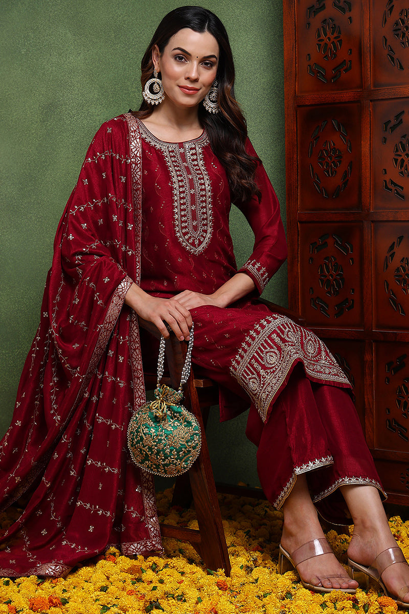 Maroon Silk Blend Solid Embroidered Straight Suit Set PKSKD2511MRN