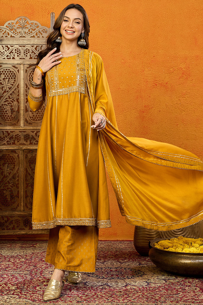 Mustard Yellow Silk Blend Solid Embroidered Anarkali Suit Set PKSKD2519