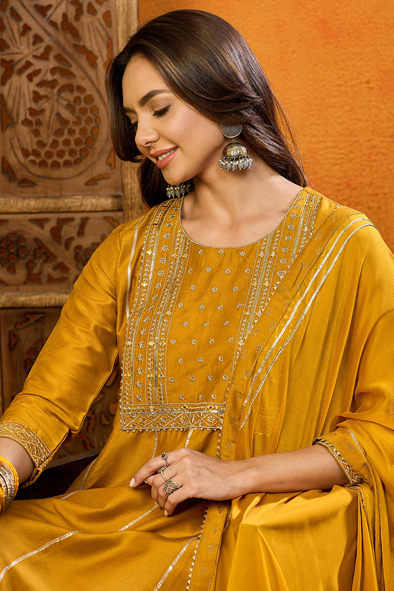 Mustard Yellow Silk Blend Solid Embroidered Anarkali Suit Set PKSKD2519