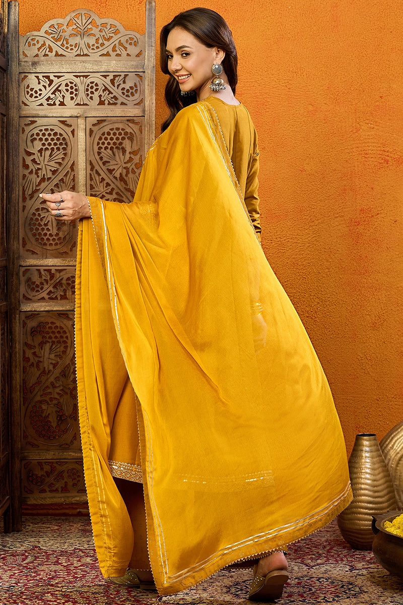 Mustard Yellow Silk Blend Solid Embroidered Anarkali Suit Set PKSKD2519