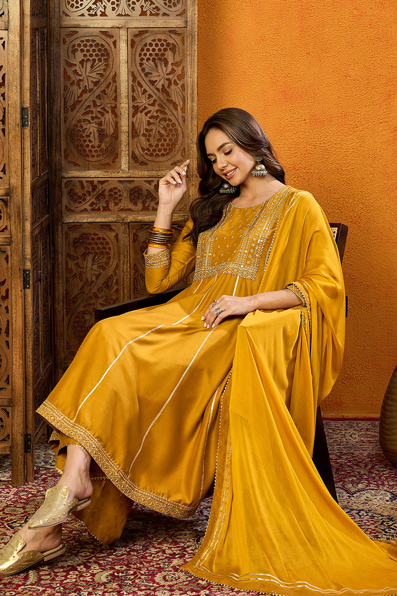 Mustard Yellow Silk Blend Solid Embroidered Anarkali Suit Set PKSKD2519