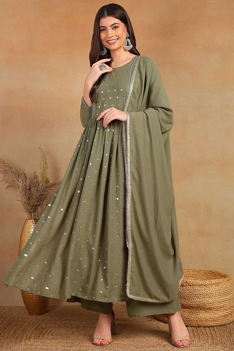 Olive Green Georgette Solid Embroidered Straight Palazzo Bottom Suit Set PKSKD2521OLV