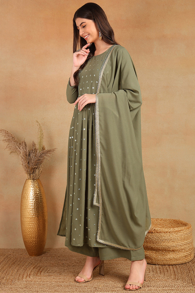 Olive Green Georgette Solid Embroidered Straight Palazzo Bottom Suit Set PKSKD2521OLV