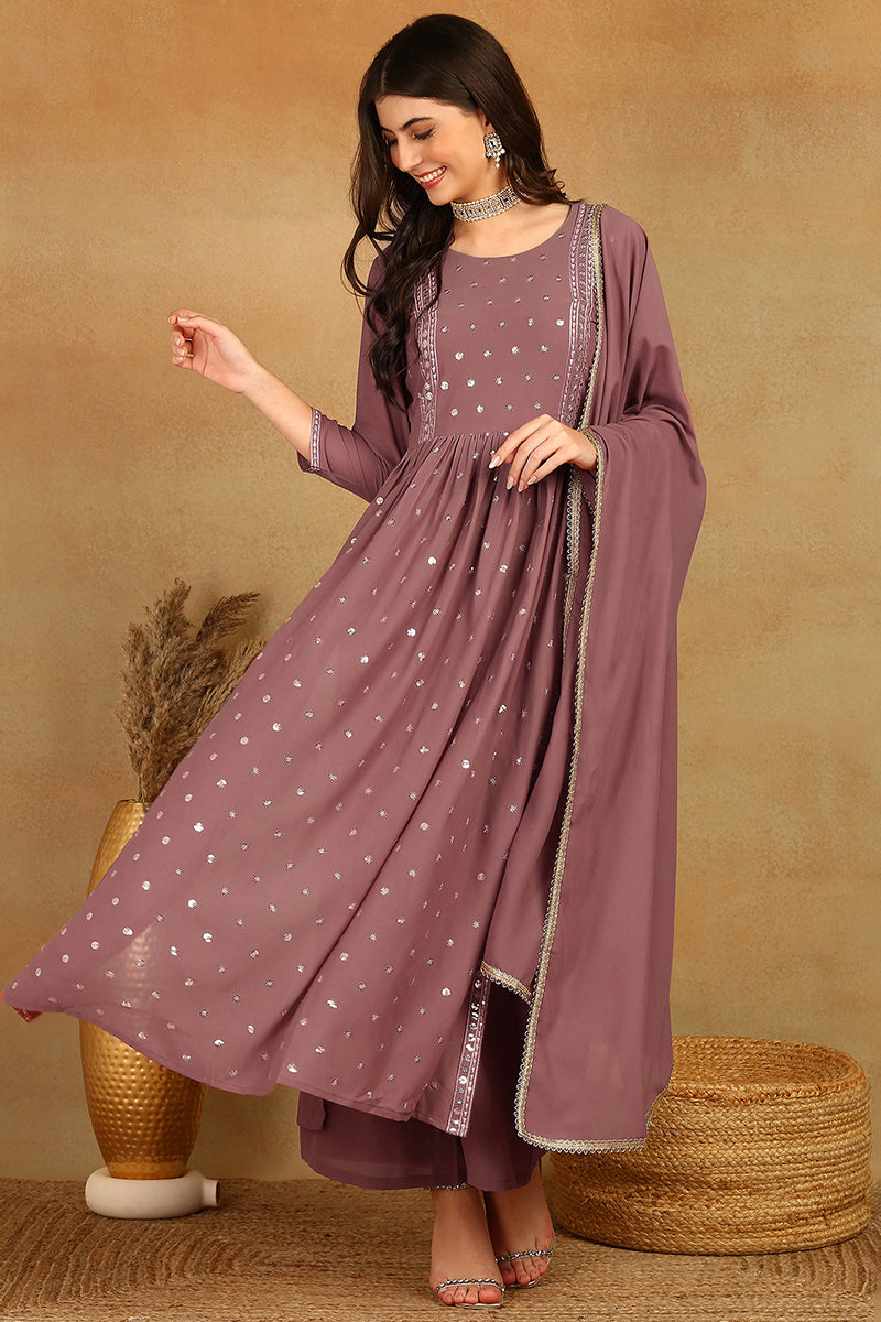 Mauve Pink Georgette Solid Embroidered Straight Palazzo Suit Set PKSKD2521PNK