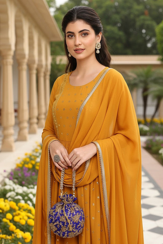 Mustard Yellow Georgette Solid Embroidered Straight Palazzo Suit Set PKSKD2521YLW