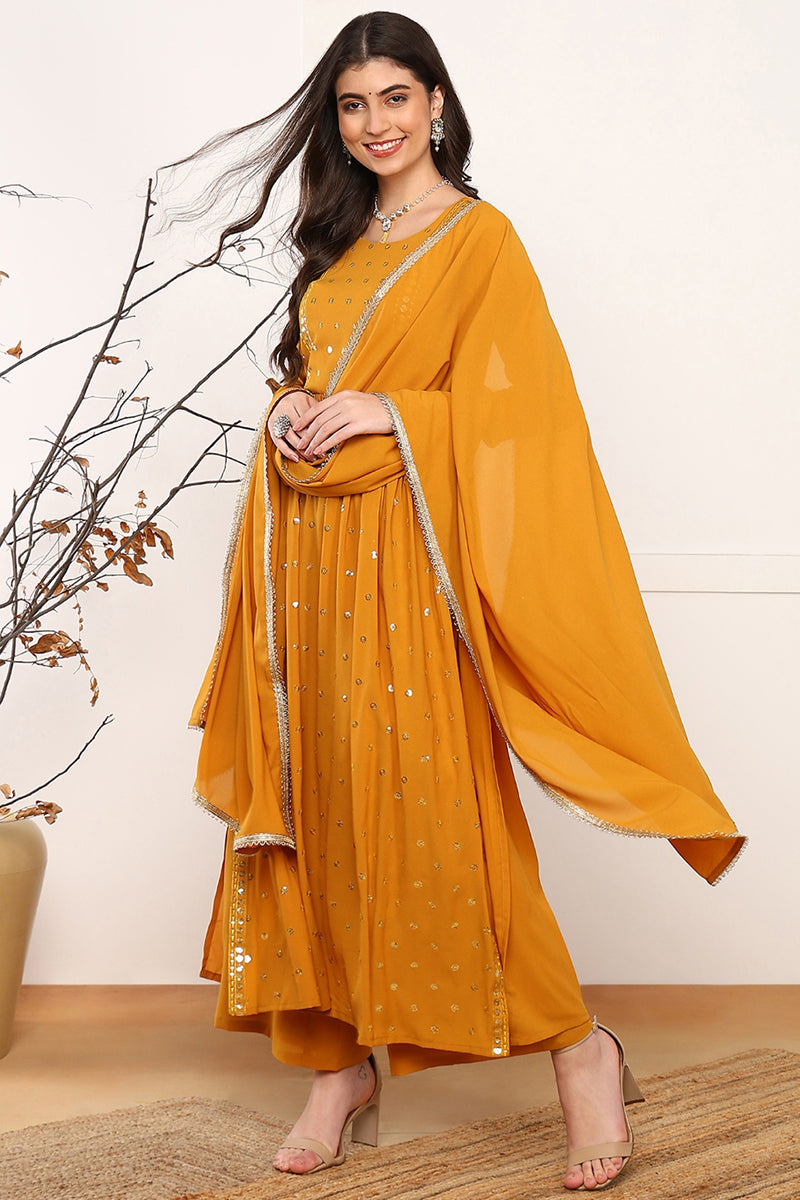 Mustard Yellow Georgette Solid Embroidered Straight Palazzo Suit Set PKSKD2521YLW