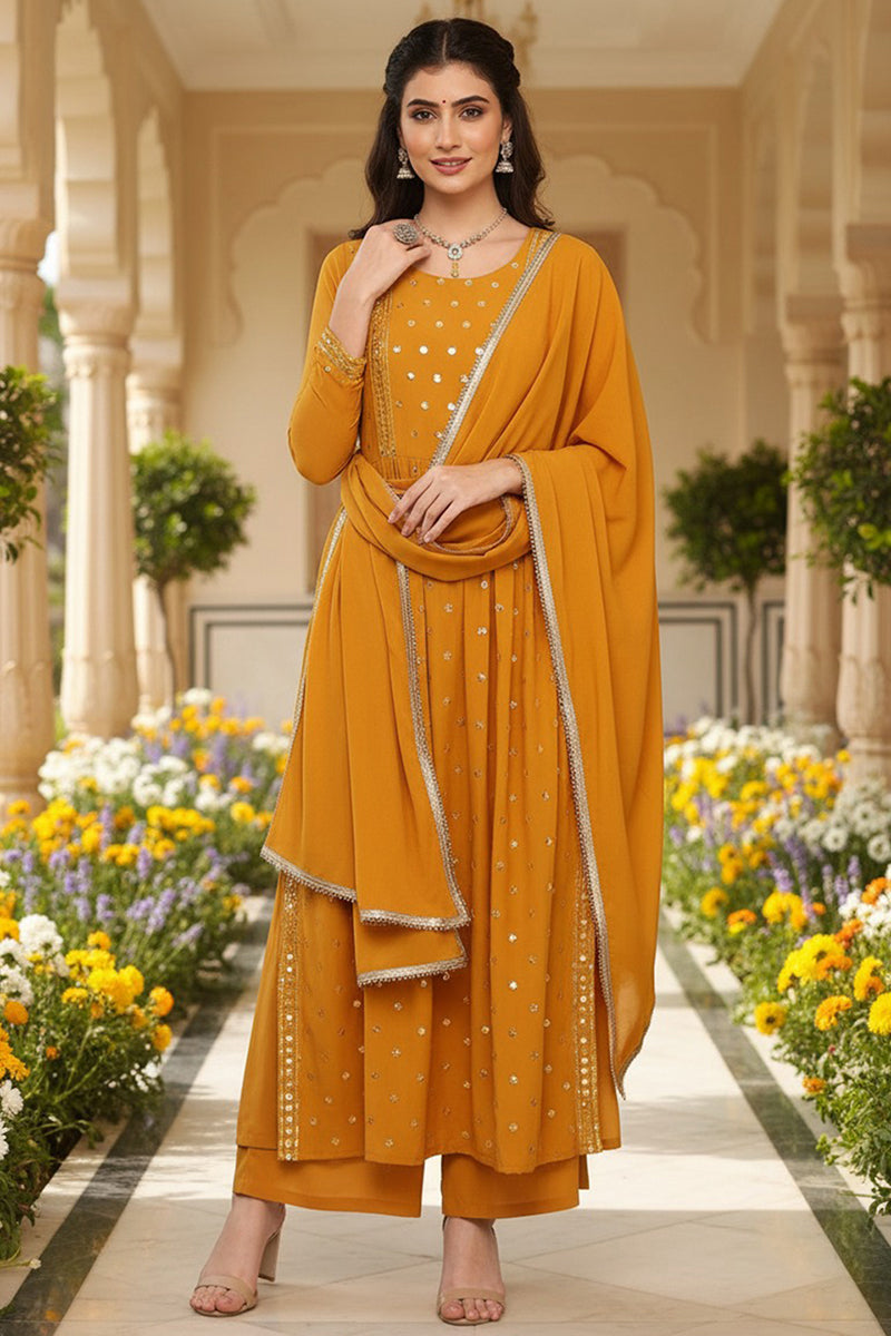 Mustard Yellow Georgette Solid Embroidered Straight Palazzo Suit Set PKSKD2521YLW