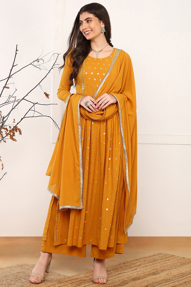 Mustard Yellow Georgette Solid Embroidered Straight Palazzo Suit Set PKSKD2521YLW