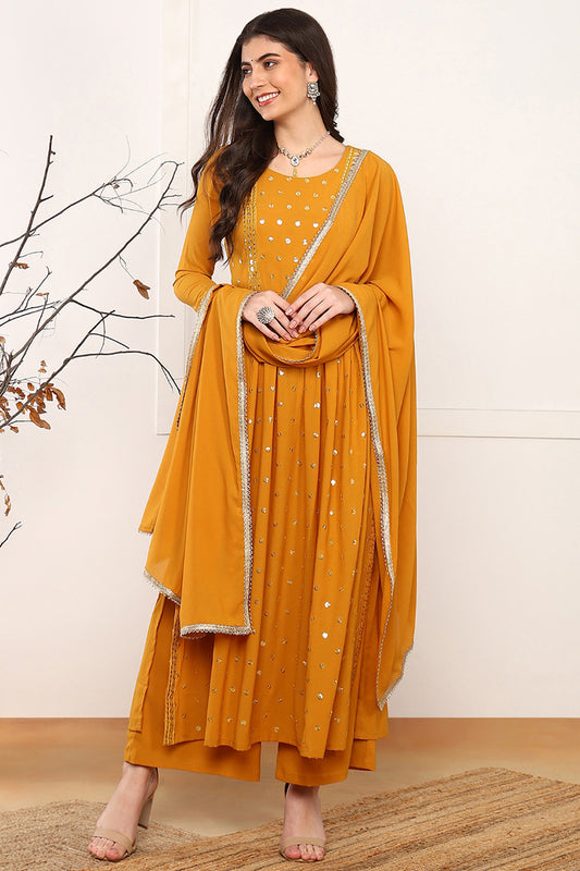 Mustard Yellow Georgette Solid Embroidered Straight Palazzo Suit Set PKSKD2521YLW