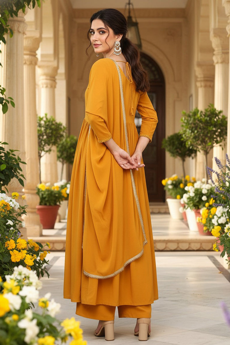 Mustard Yellow Georgette Solid Embroidered Straight Palazzo Suit Set PKSKD2521YLW