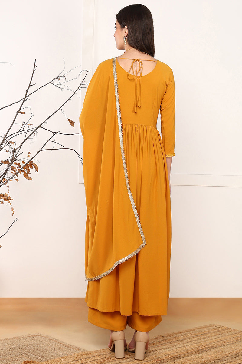 Mustard Yellow Georgette Solid Embroidered Straight Palazzo Suit Set PKSKD2521YLW