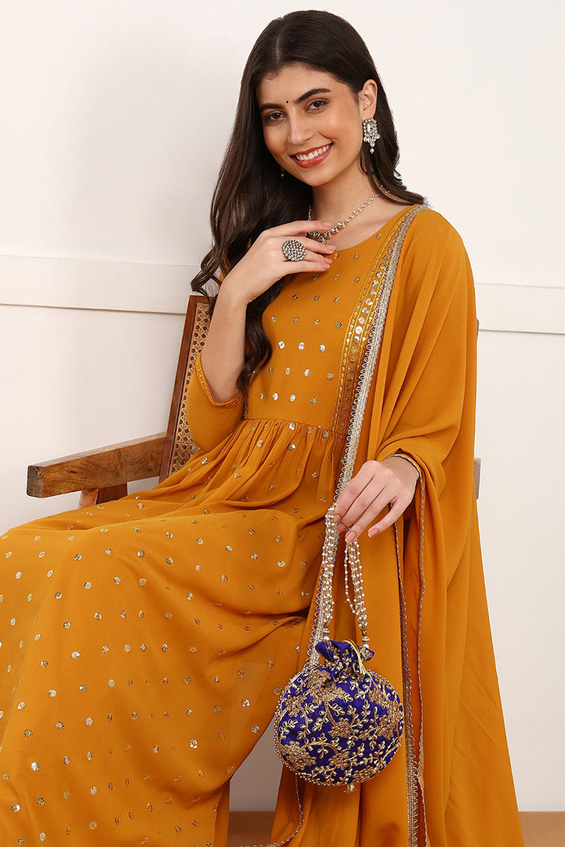 Mustard Yellow Georgette Solid Embroidered Straight Palazzo Suit Set PKSKD2521YLW