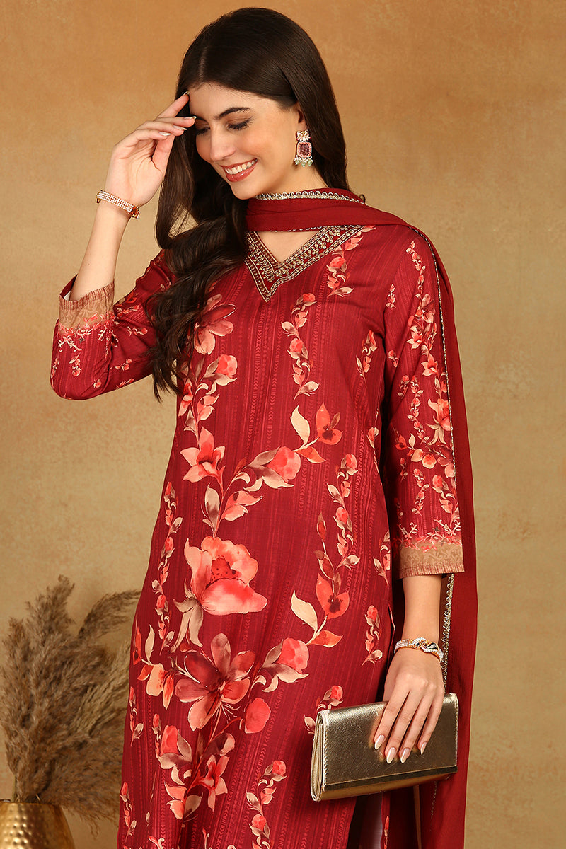Maroon Rayon Blend Floral Printed Straight Trouser Suit Set PKSKD2526MRN