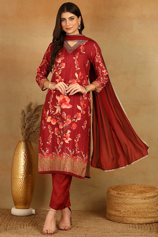 Maroon Rayon Blend Floral Printed Straight Trouser Suit Set PKSKD2526MRN