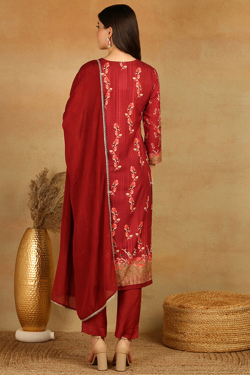 Maroon Rayon Blend Floral Printed Straight Trouser Suit Set PKSKD2526MRN