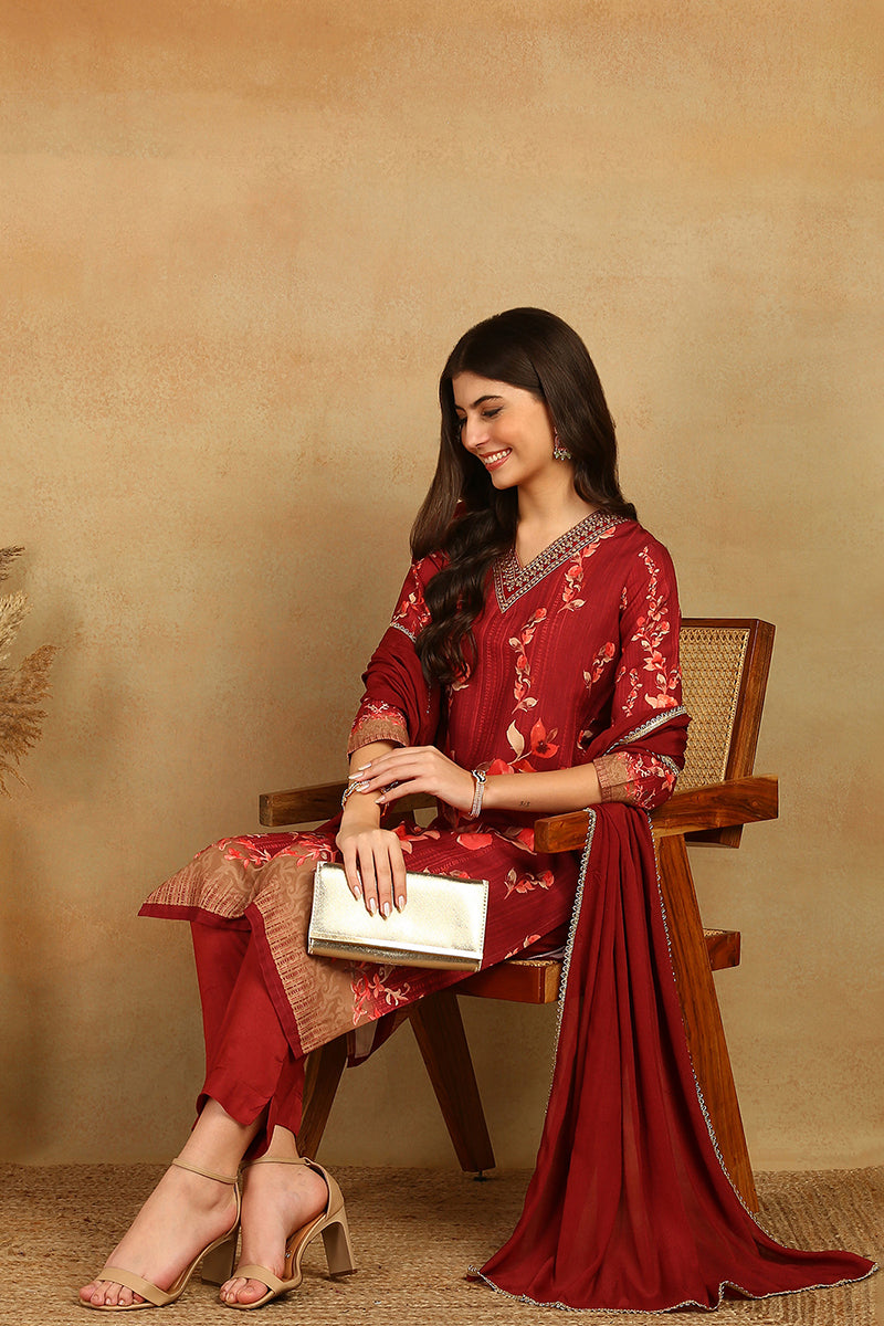 Maroon Rayon Blend Floral Printed Straight Trouser Suit Set PKSKD2526MRN