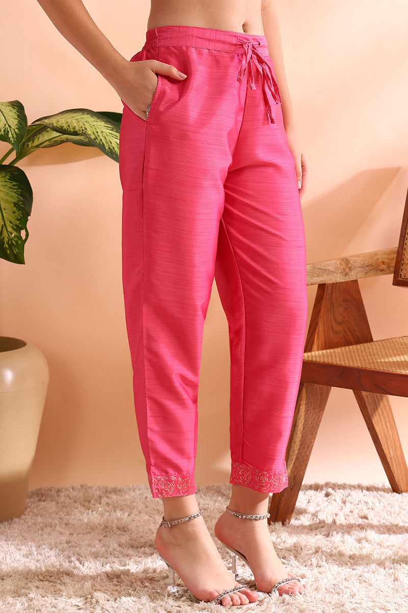 Pink Silk Blend Solid Embroidered Straight Trouser Bottom Suit Set PKSKD2528PNK