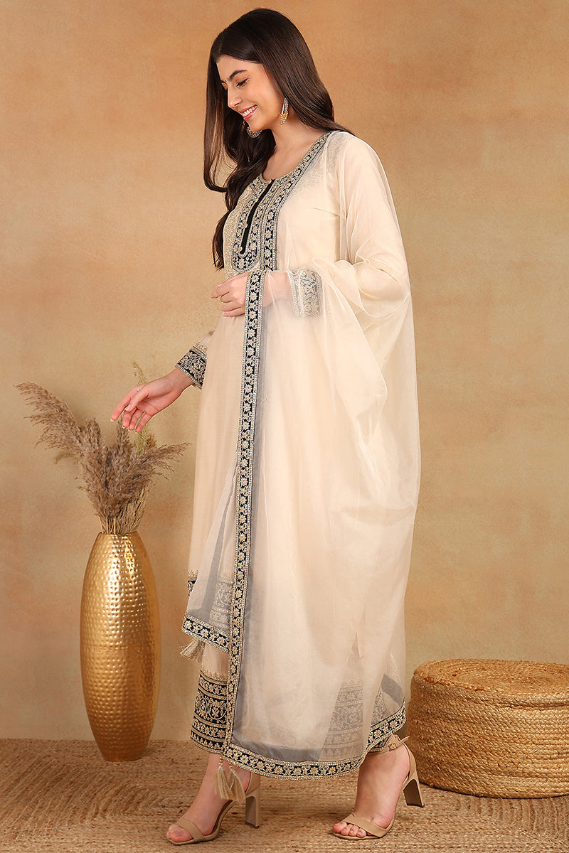 Cream Silk Blend Solid Embroidered Straight Trouser Bottom Suit Set PKSKD2530CRM