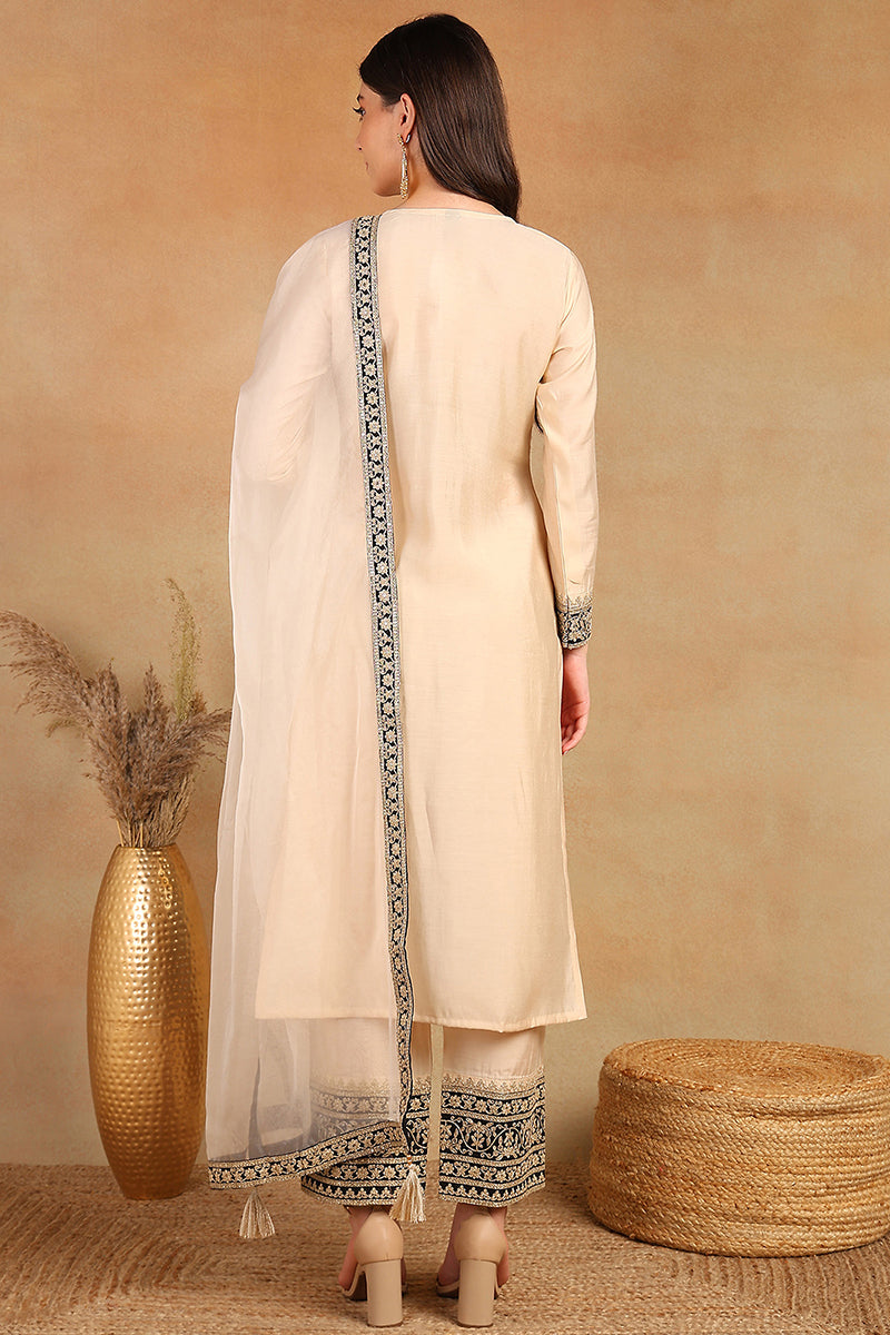 Cream Silk Blend Solid Embroidered Straight Trouser Bottom Suit Set PKSKD2530CRM