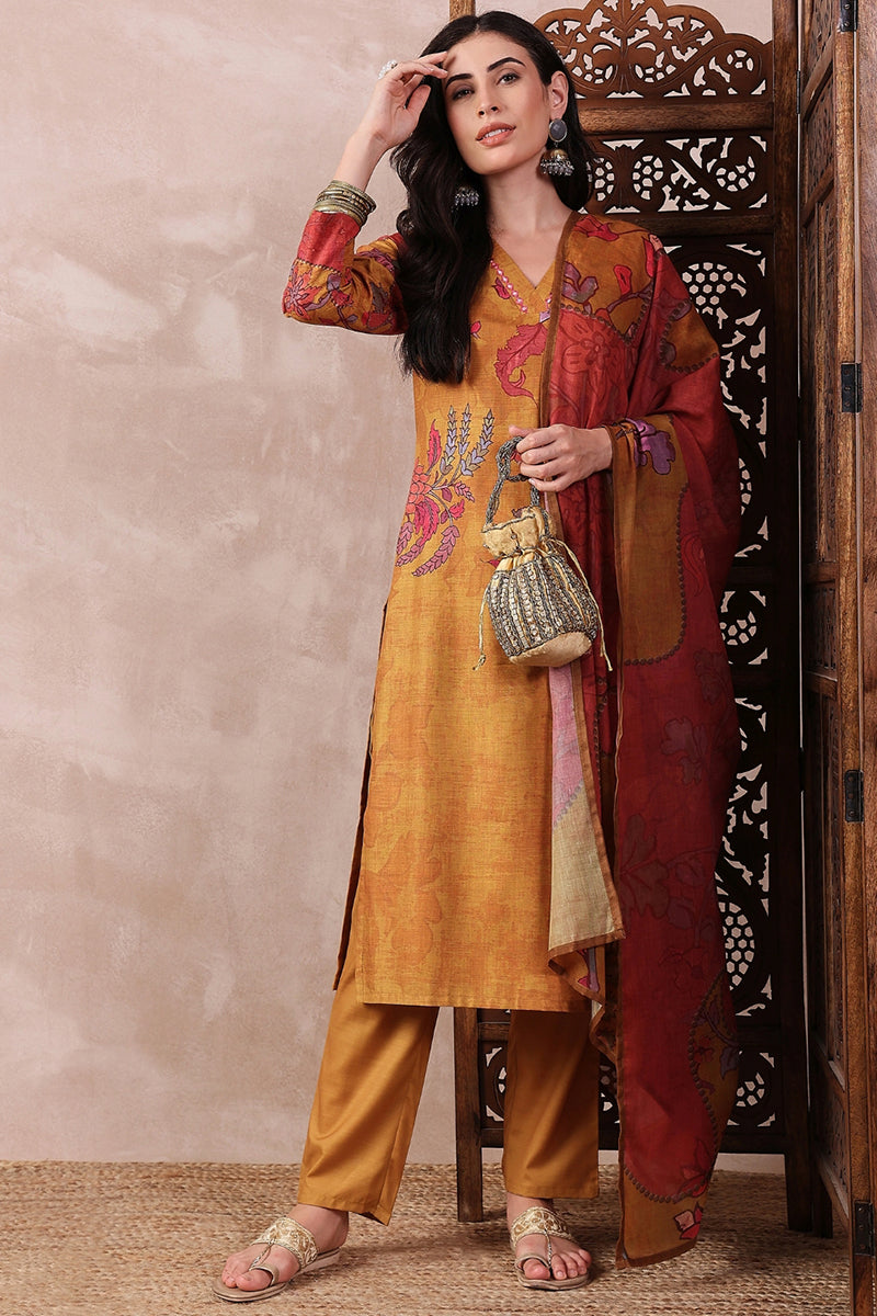 Mustard Silk Blend Floral Printed Straight Trouser Bottom Suit Set PKSKD2548YLW