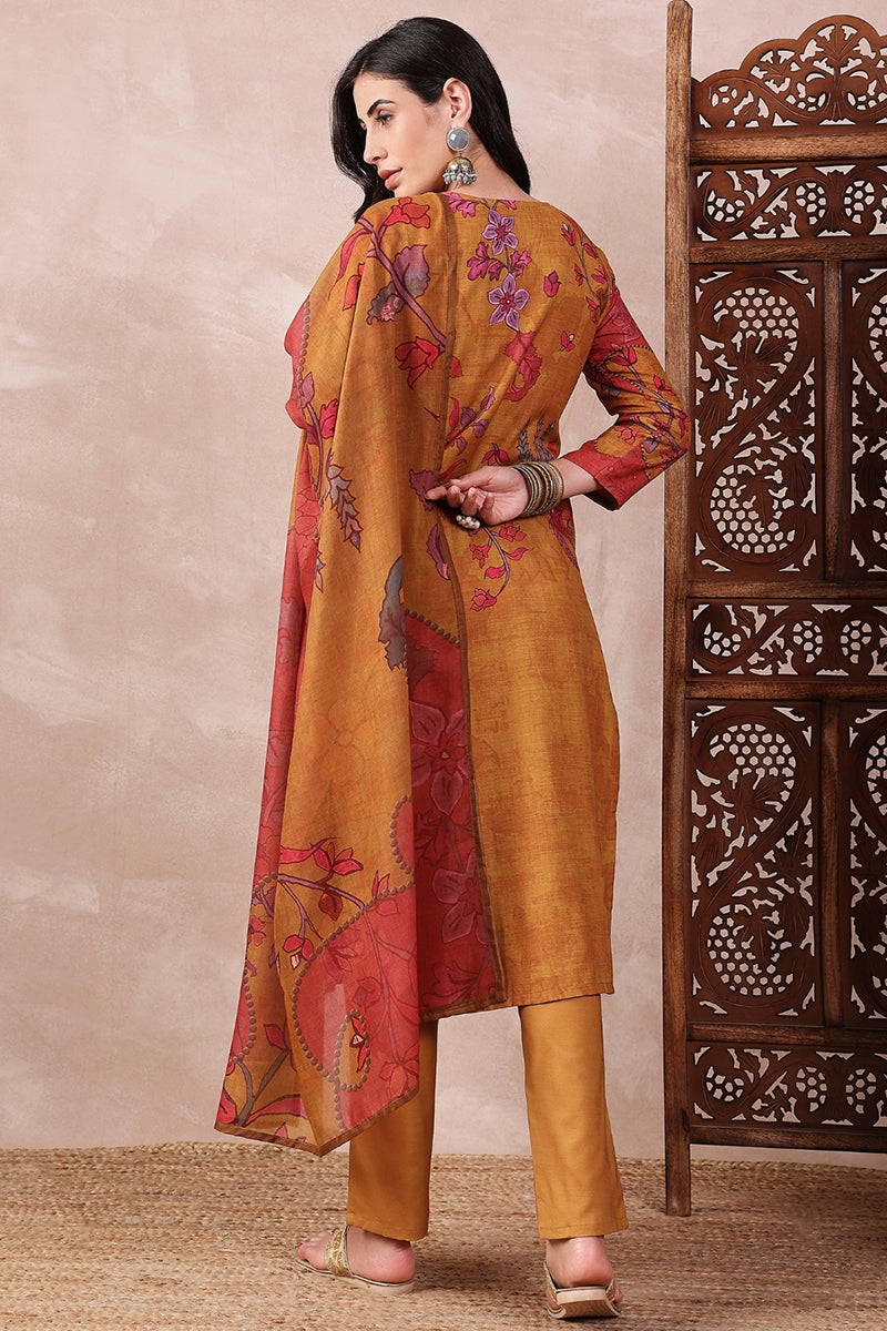 Mustard Silk Blend Floral Printed Straight Trouser Bottom Suit Set PKSKD2548YLW