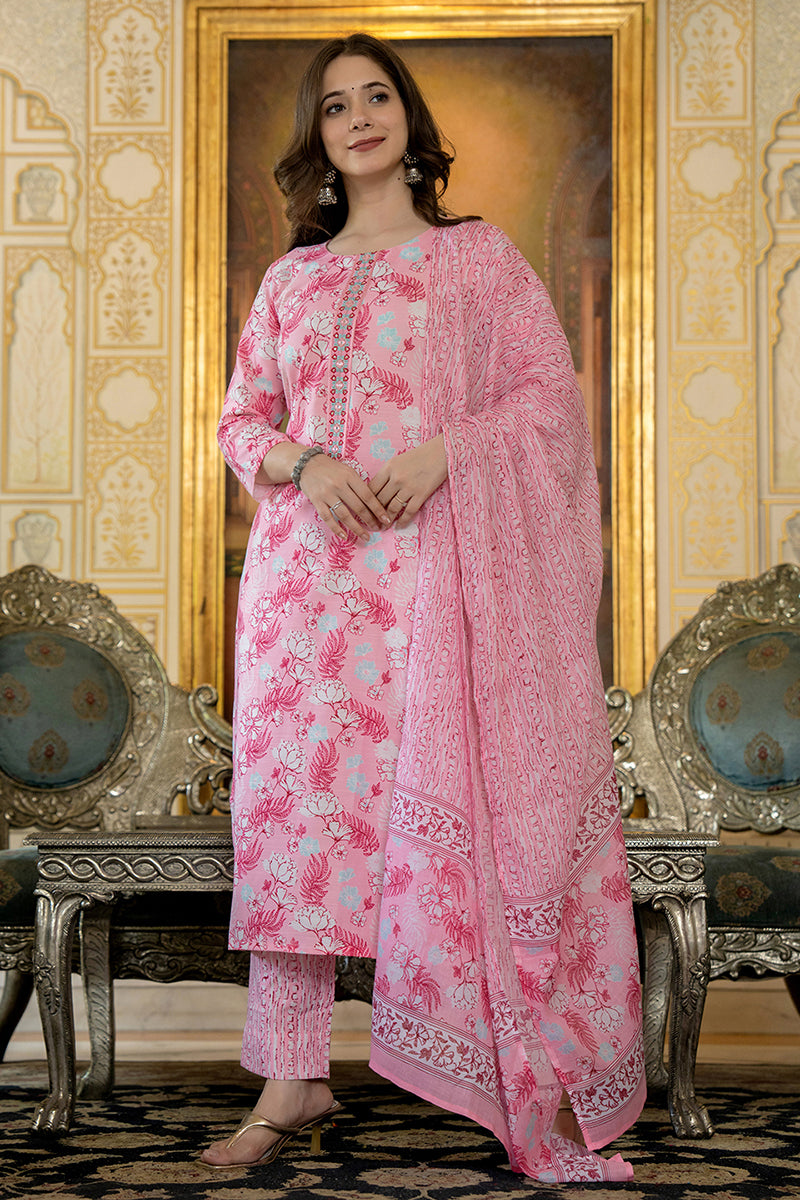 Pink Rayon Blend Floral Printed Straight Trouser Suit Set PKSKD2567PNK