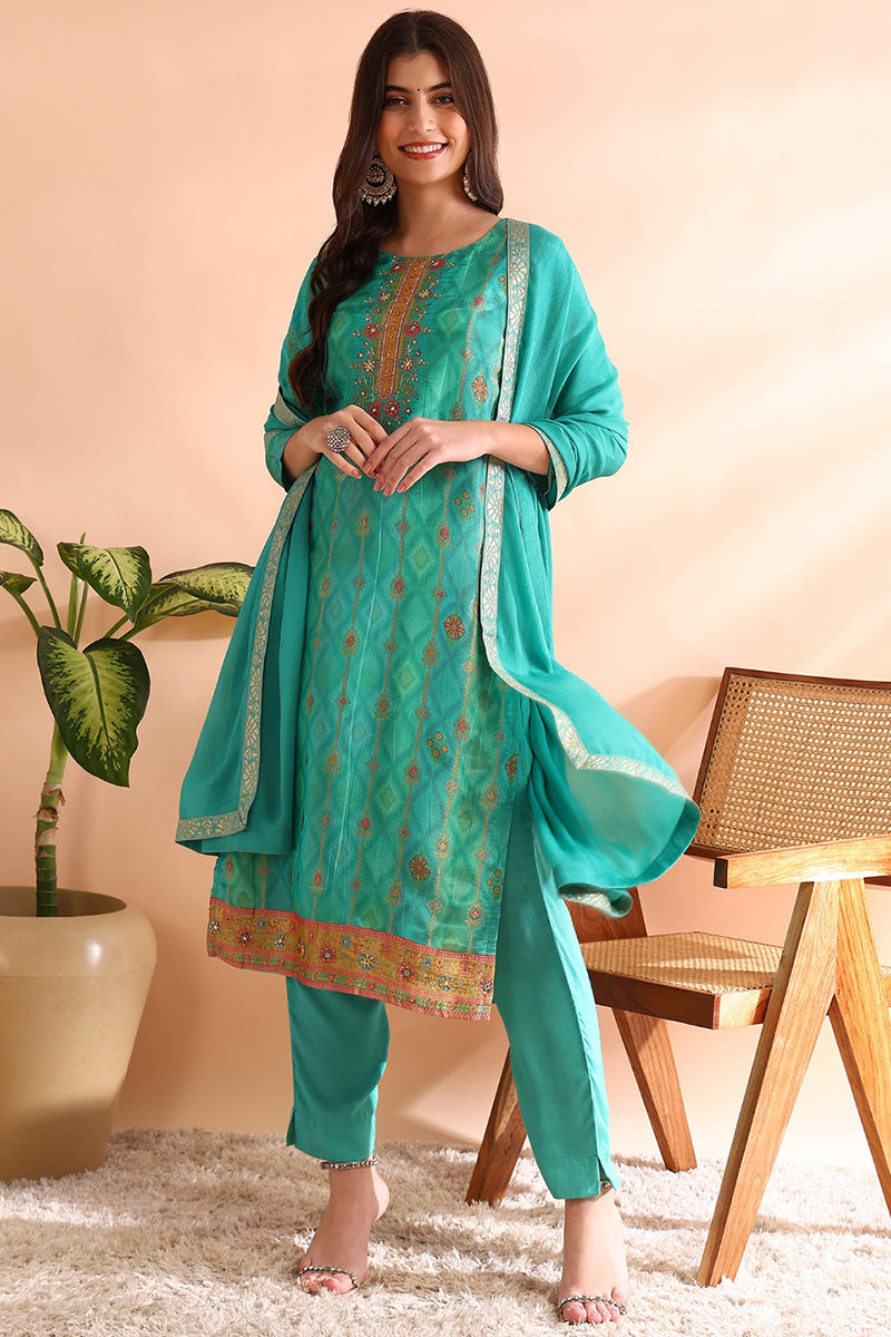 Sea Green Silk Blend Ethnic Motifs Woven Design Straight Trouser Bottom Suit Set PKSKD2581