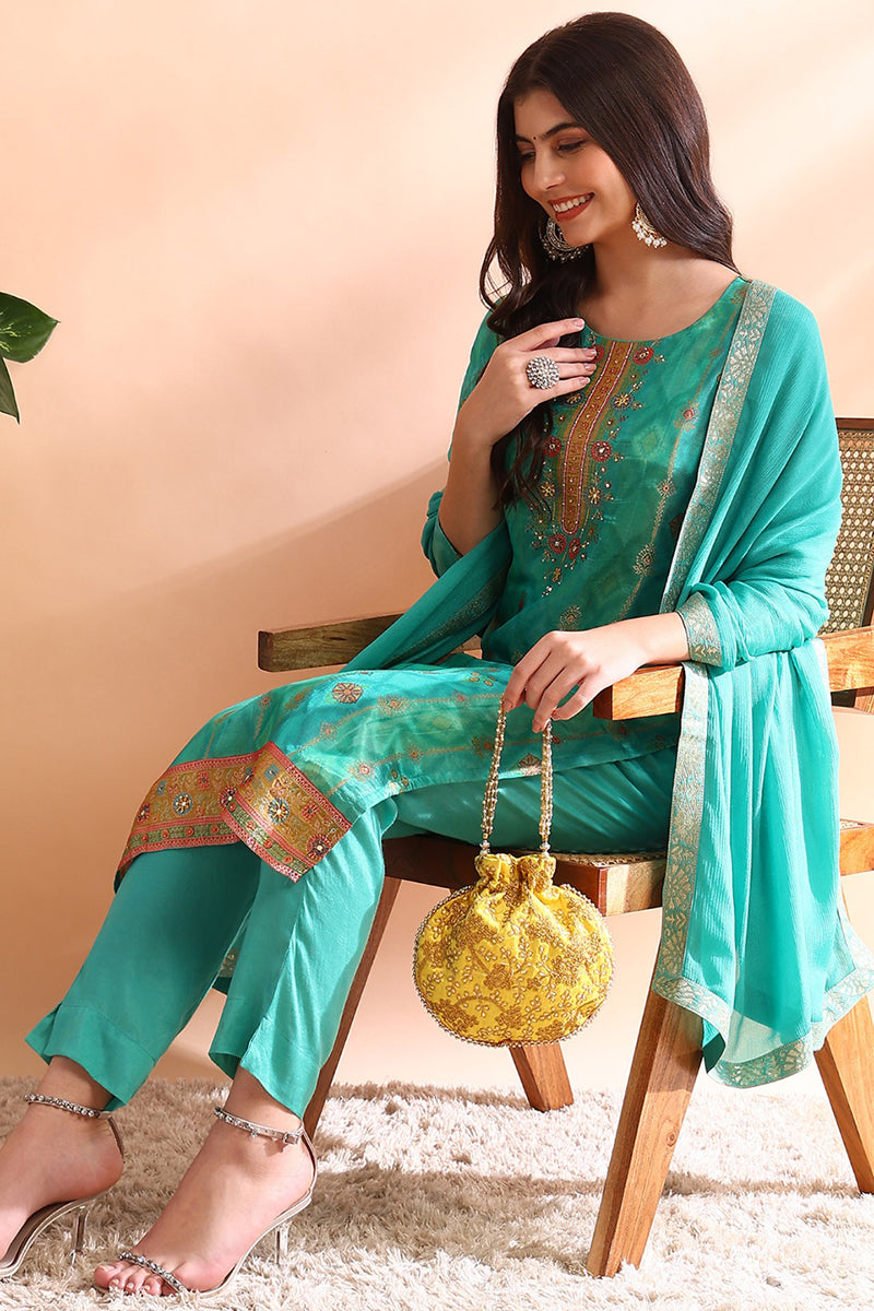 Sea Green Silk Blend Ethnic Motifs Woven Design Straight Trouser Bottom Suit Set PKSKD2581