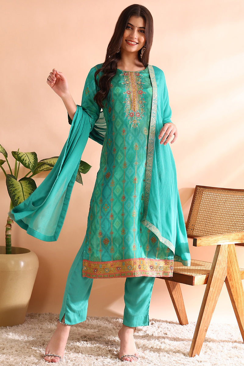 Sea Green Silk Blend Ethnic Motifs Woven Design Straight Trouser Bottom Suit Set PKSKD2581