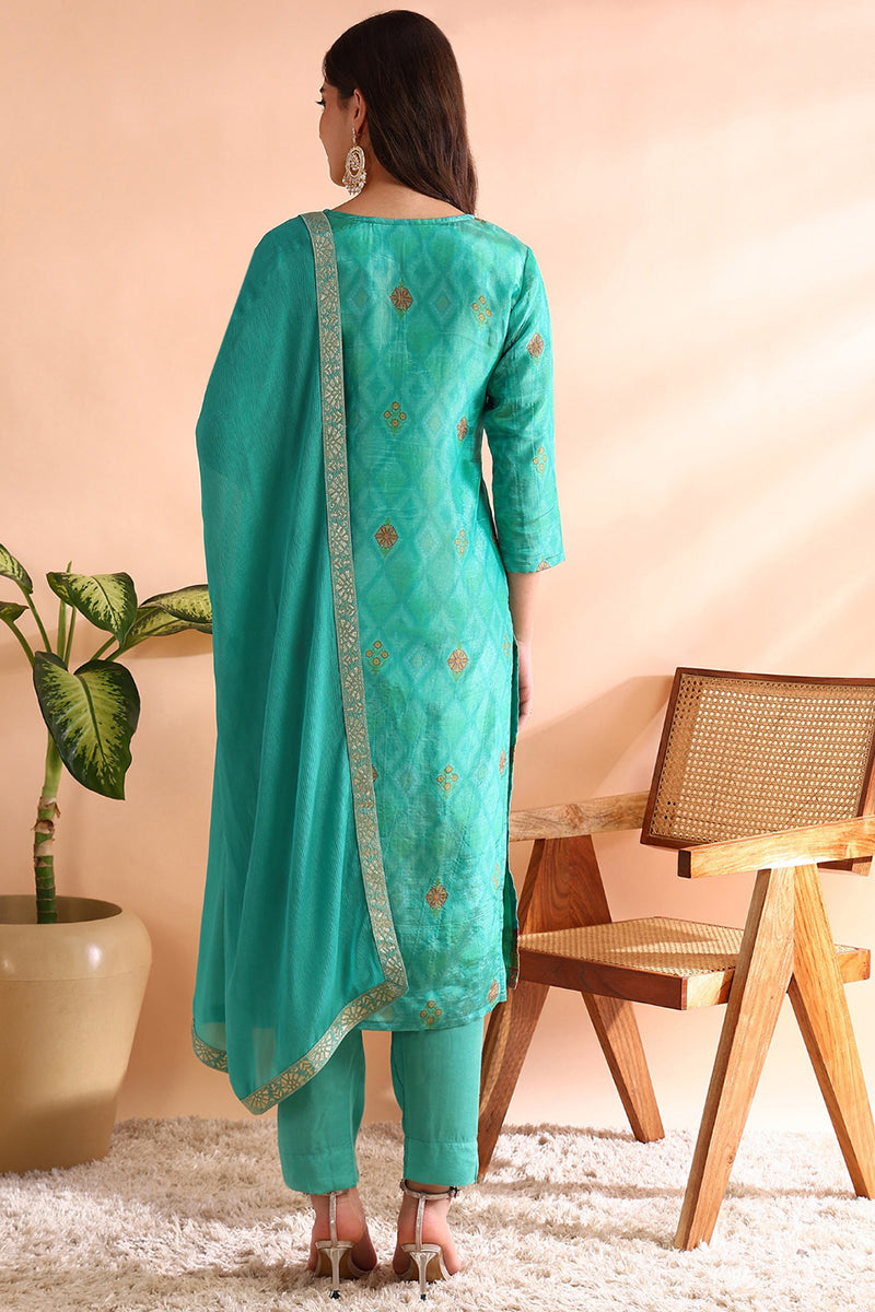 Sea Green Silk Blend Ethnic Motifs Woven Design Straight Trouser Bottom Suit Set PKSKD2581