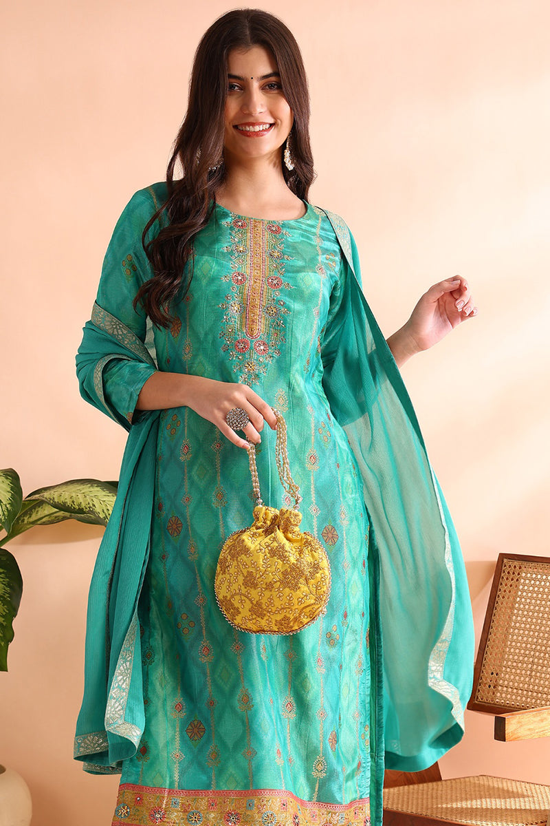 Sea Green Silk Blend Ethnic Motifs Woven Design Straight Trouser Bottom Suit Set PKSKD2581