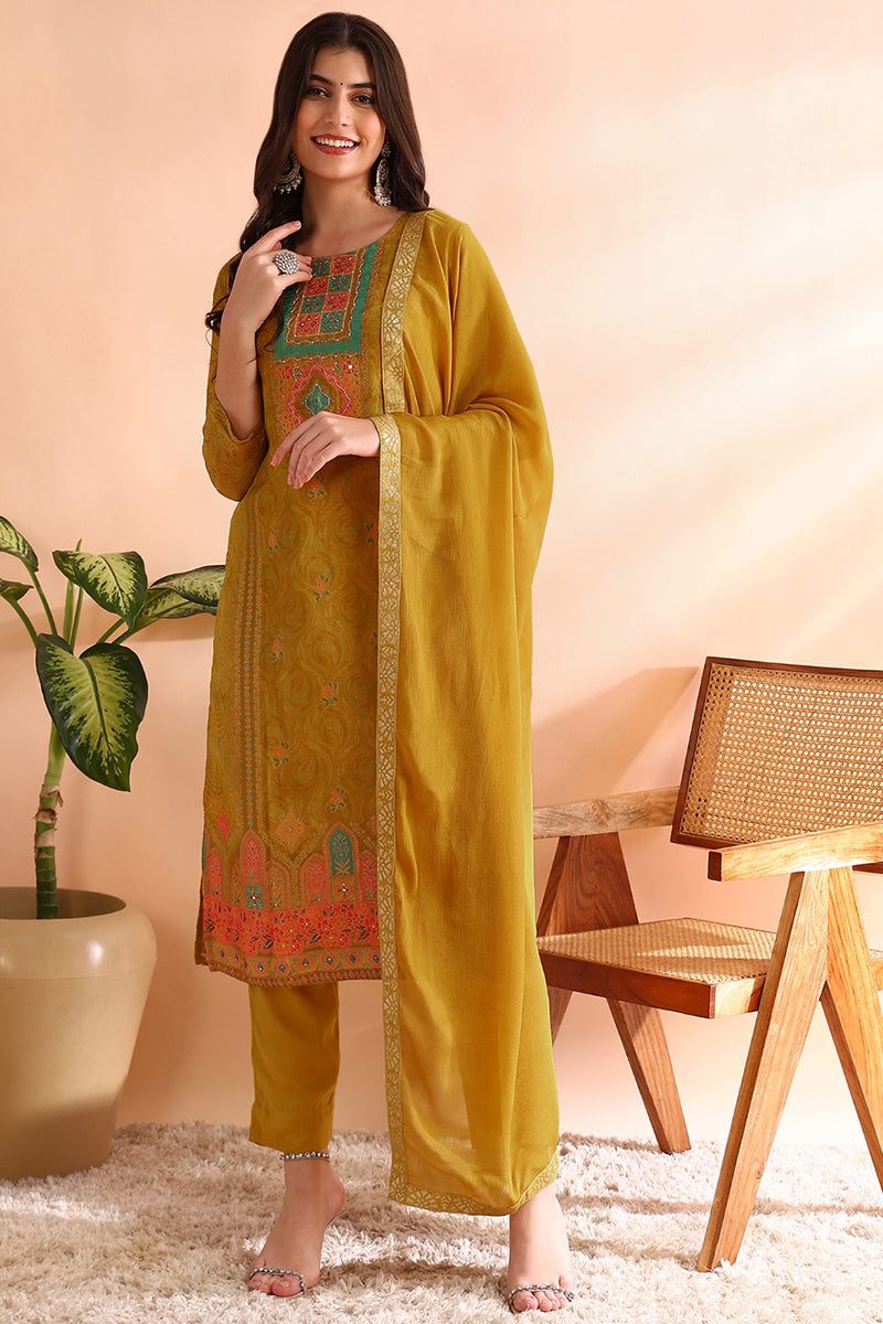 Mustard Yellow Silk Blend Abstract Woven Design Straight Trouser Bottom Suit Set PKSKD2583