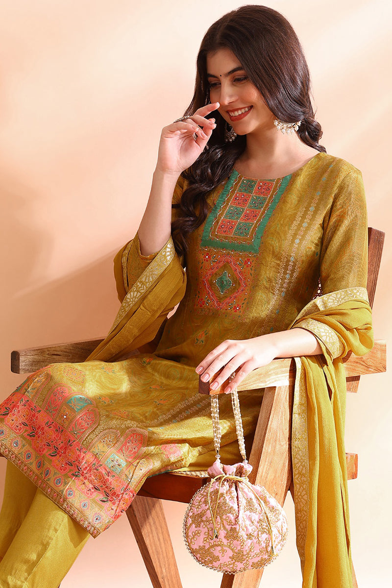 Mustard Yellow Silk Blend Abstract Woven Design Straight Trouser Bottom Suit Set PKSKD2583