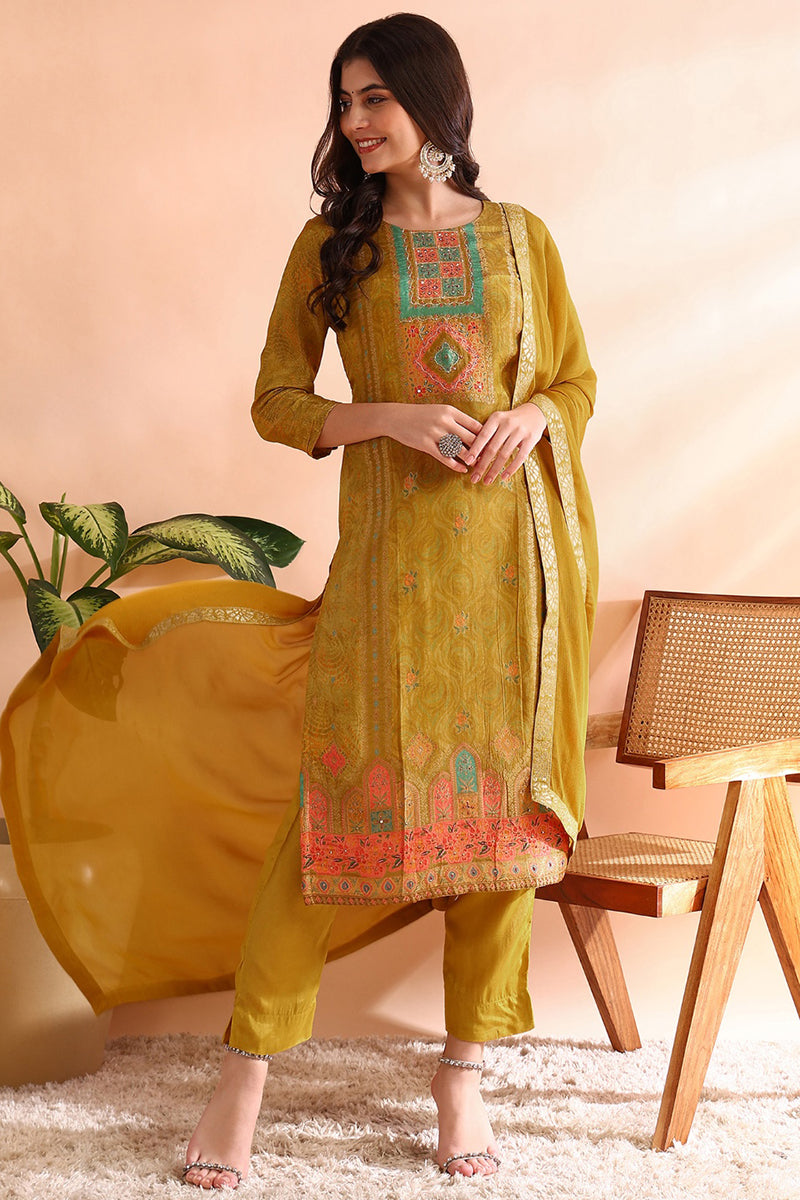 Mustard Yellow Silk Blend Abstract Woven Design Straight Trouser Bottom Suit Set PKSKD2583