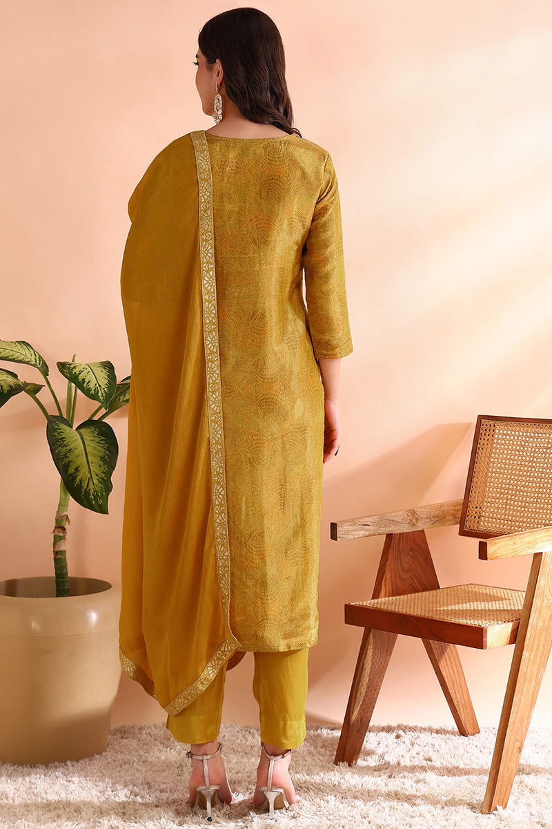 Mustard Yellow Silk Blend Abstract Woven Design Straight Trouser Bottom Suit Set PKSKD2583