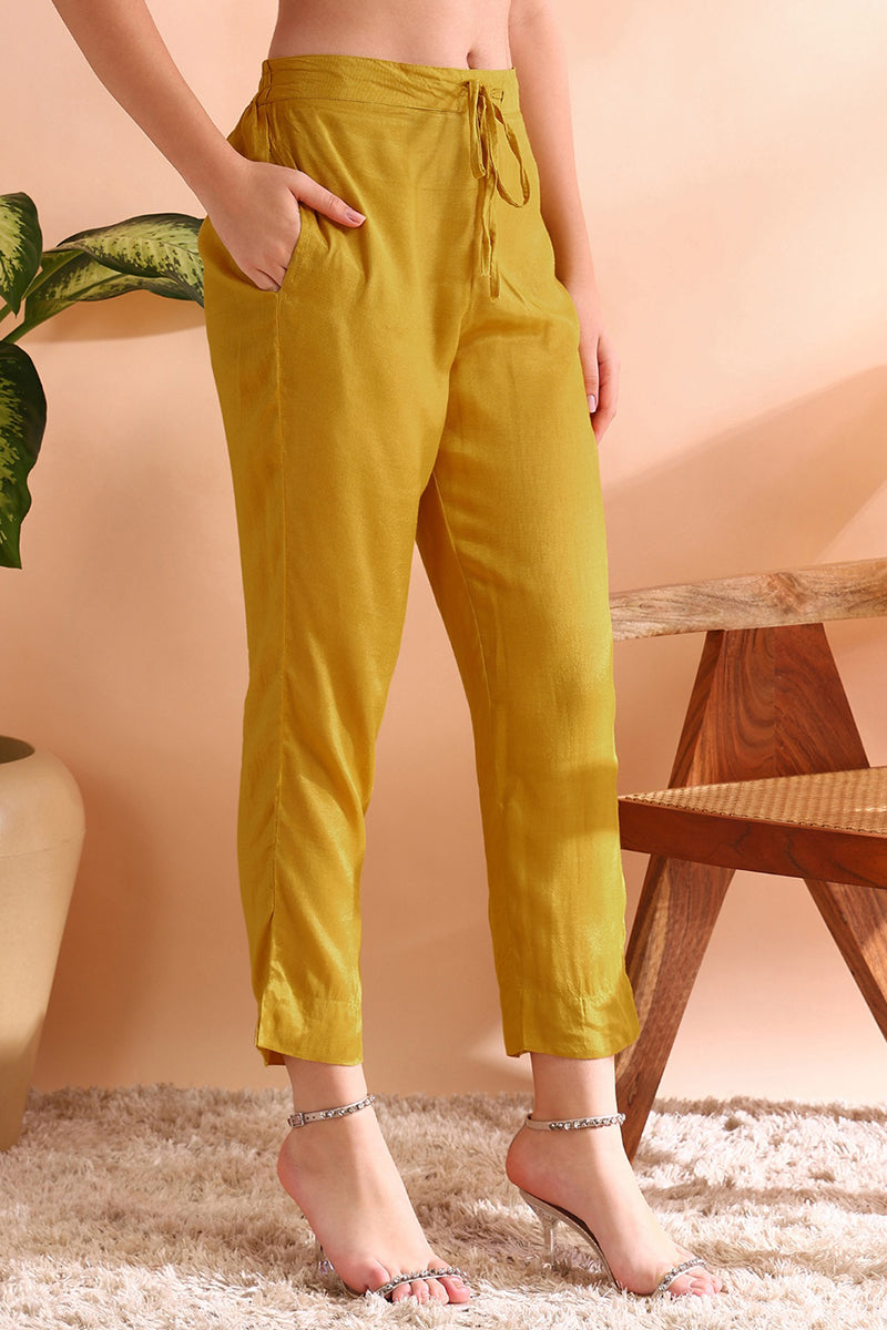 Mustard Yellow Silk Blend Abstract Woven Design Straight Trouser Bottom Suit Set PKSKD2583