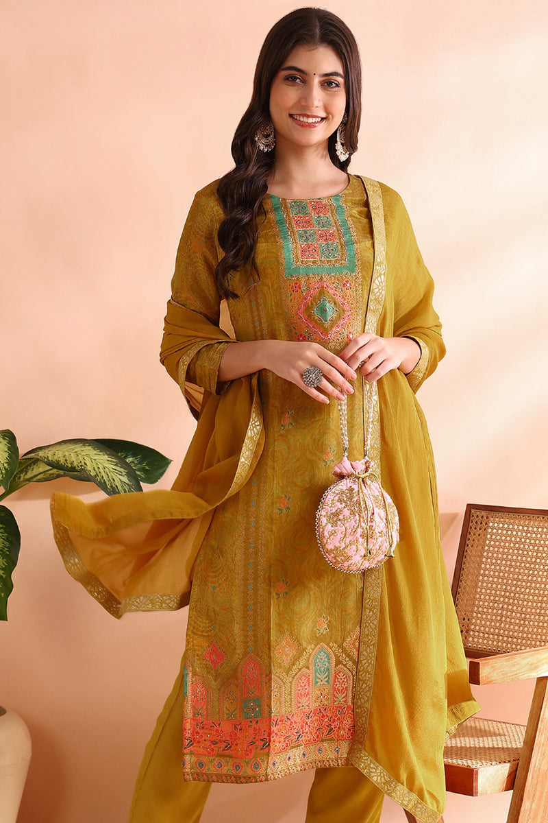 Mustard Yellow Silk Blend Abstract Woven Design Straight Trouser Bottom Suit Set PKSKD2583