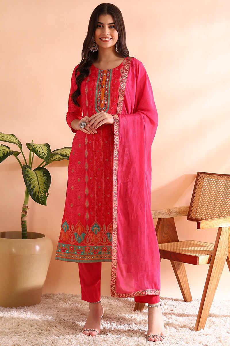 Pink Chanderi Silk Ethnic Motifs Woven Design Straight Trouser Bottom Suit Set PKSKD2584