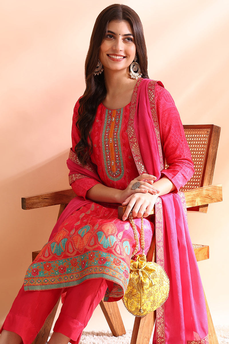 Pink Chanderi Silk Ethnic Motifs Woven Design Straight Trouser Bottom Suit Set PKSKD2584