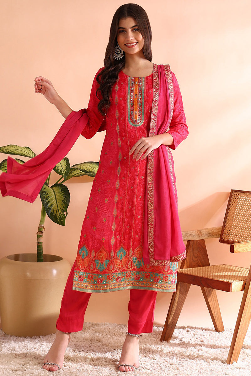 Pink Chanderi Silk Ethnic Motifs Woven Design Straight Trouser Bottom Suit Set PKSKD2584