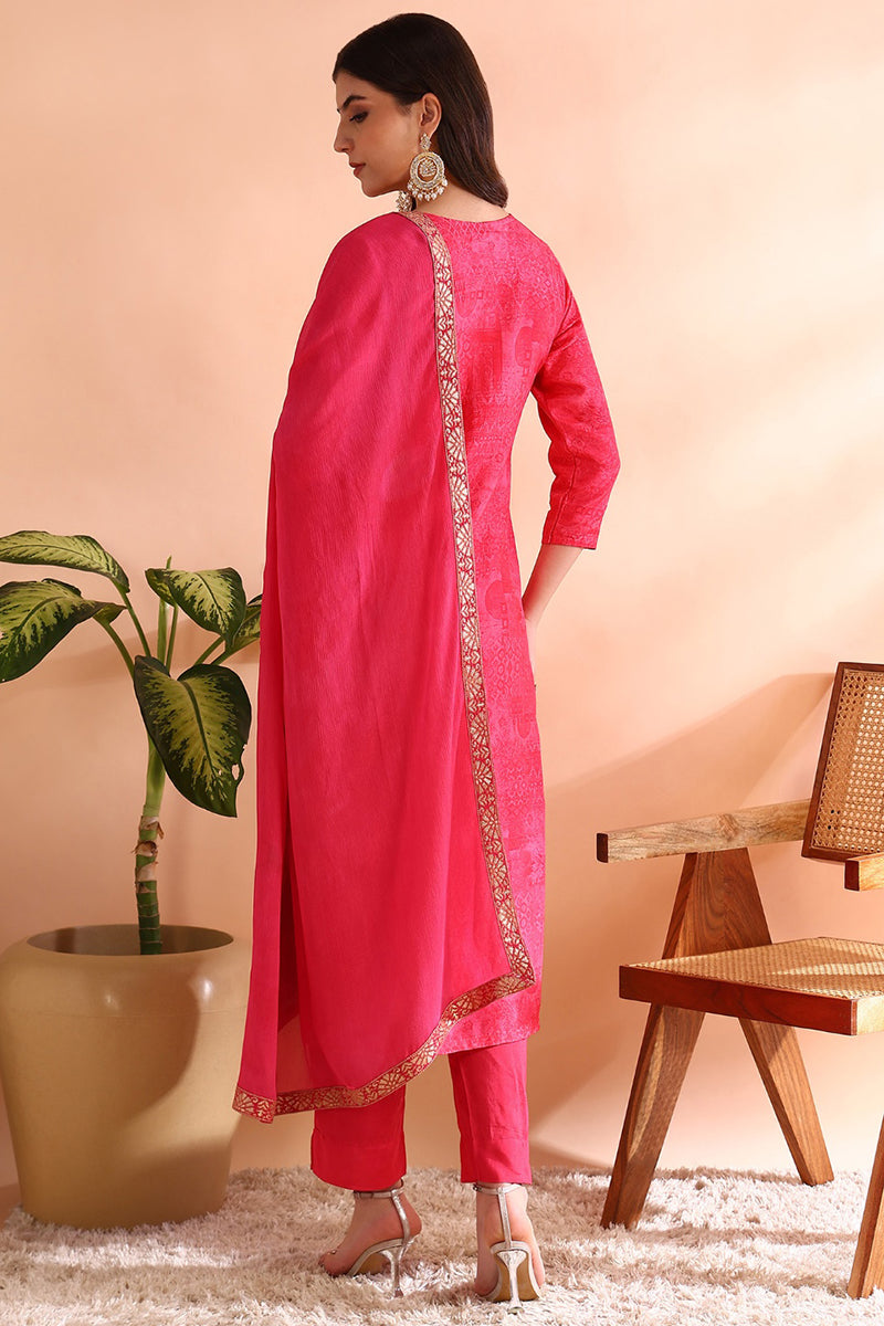 Pink Chanderi Silk Ethnic Motifs Woven Design Straight Trouser Bottom Suit Set PKSKD2584