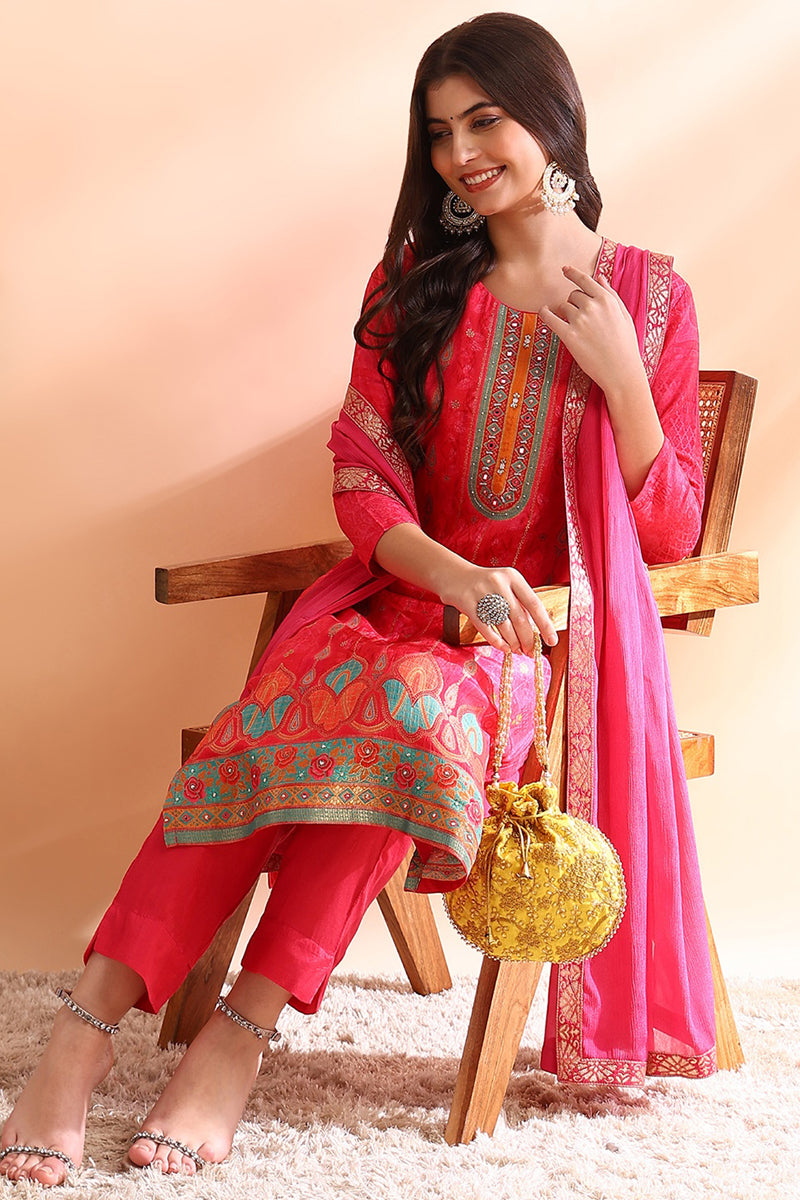 Pink Chanderi Silk Ethnic Motifs Woven Design Straight Trouser Bottom Suit Set PKSKD2584