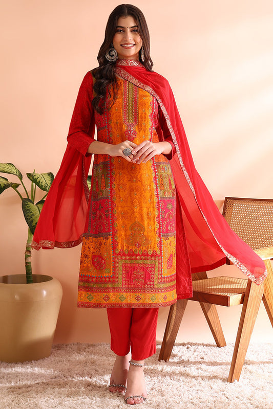 Red Chanderi Silk Ethnic Motifs Woven Design Straight Trouser Bottom Suit Set PKSKD2585