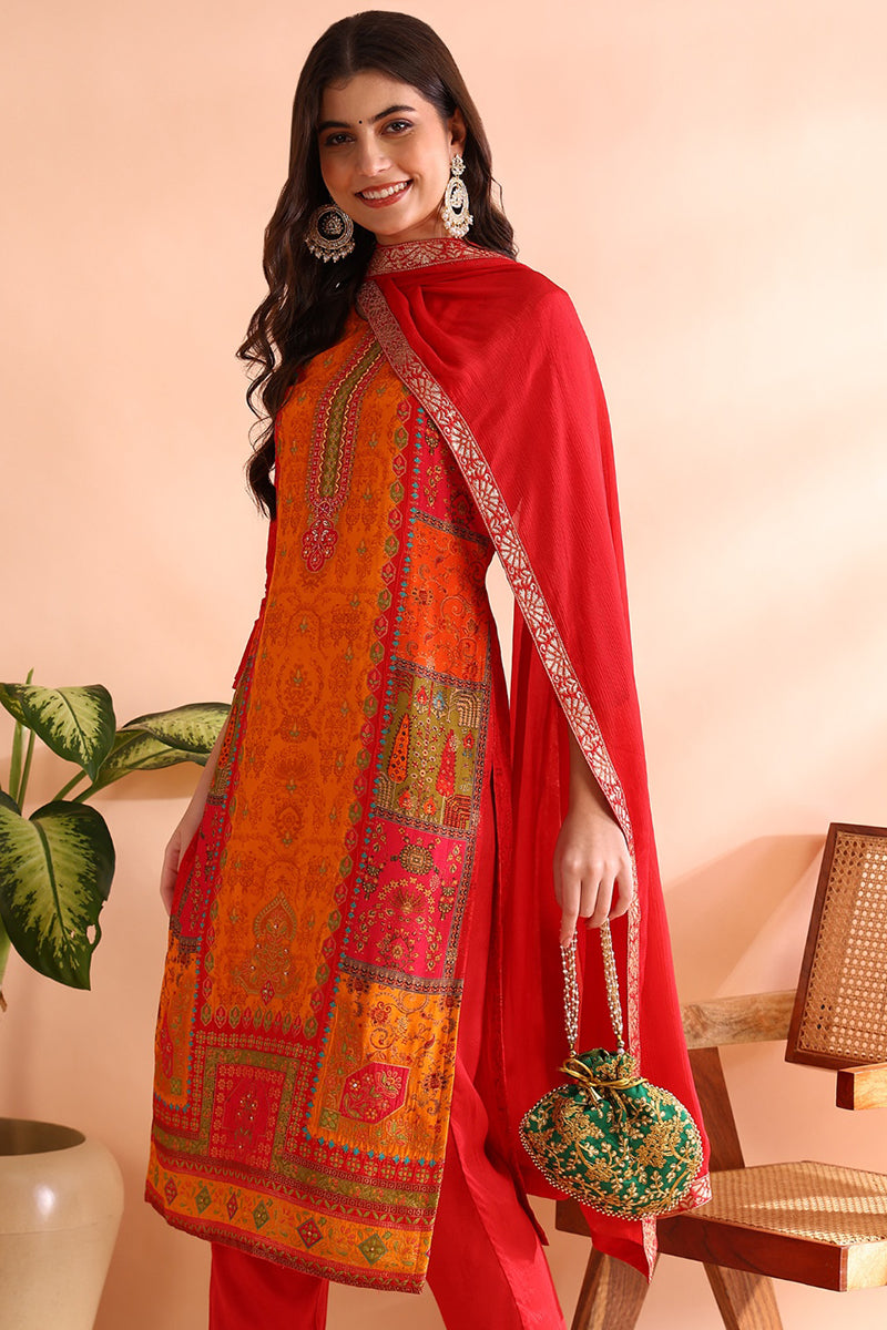 Red Chanderi Silk Ethnic Motifs Woven Design Straight Trouser Bottom Suit Set PKSKD2585