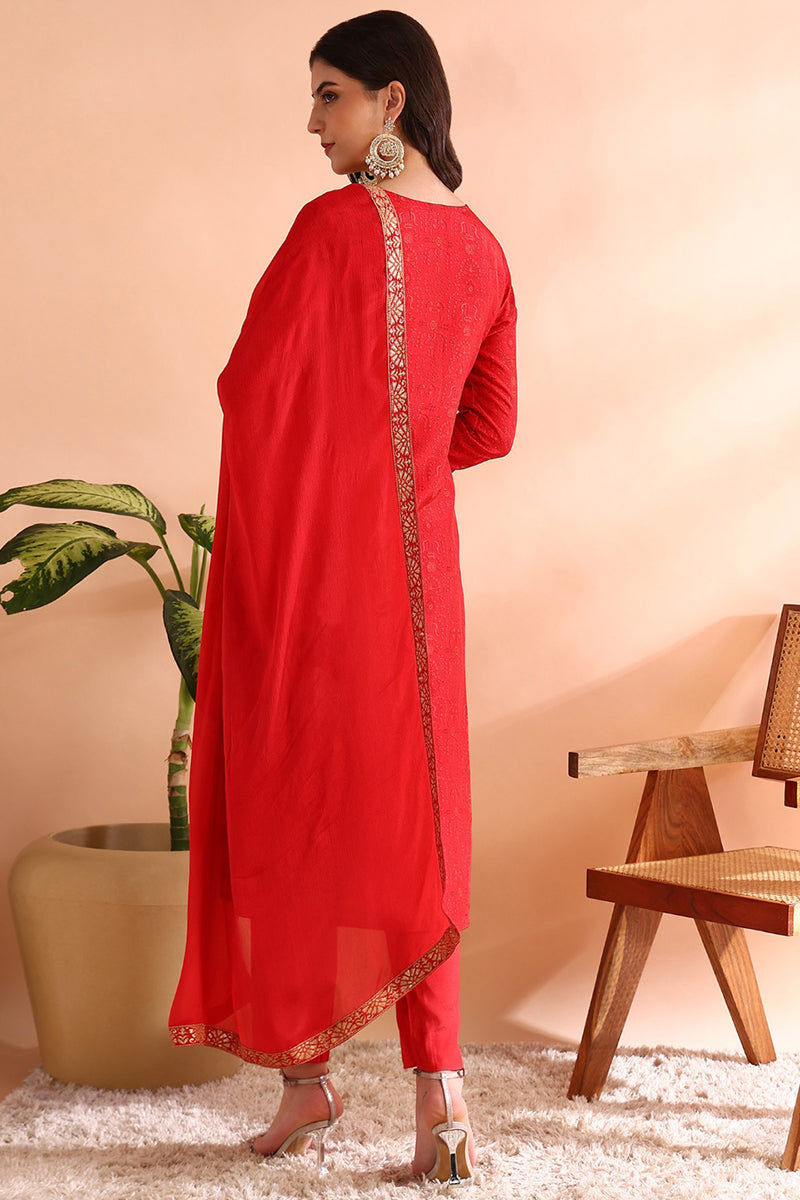 Red Chanderi Silk Ethnic Motifs Woven Design Straight Trouser Bottom Suit Set PKSKD2585