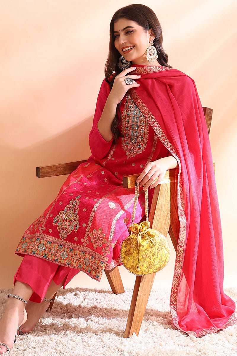 Pink Organza Ethnic Motifs Hand Work Woven Design Straight Trouser Bottom Suit Set PKSKD2587