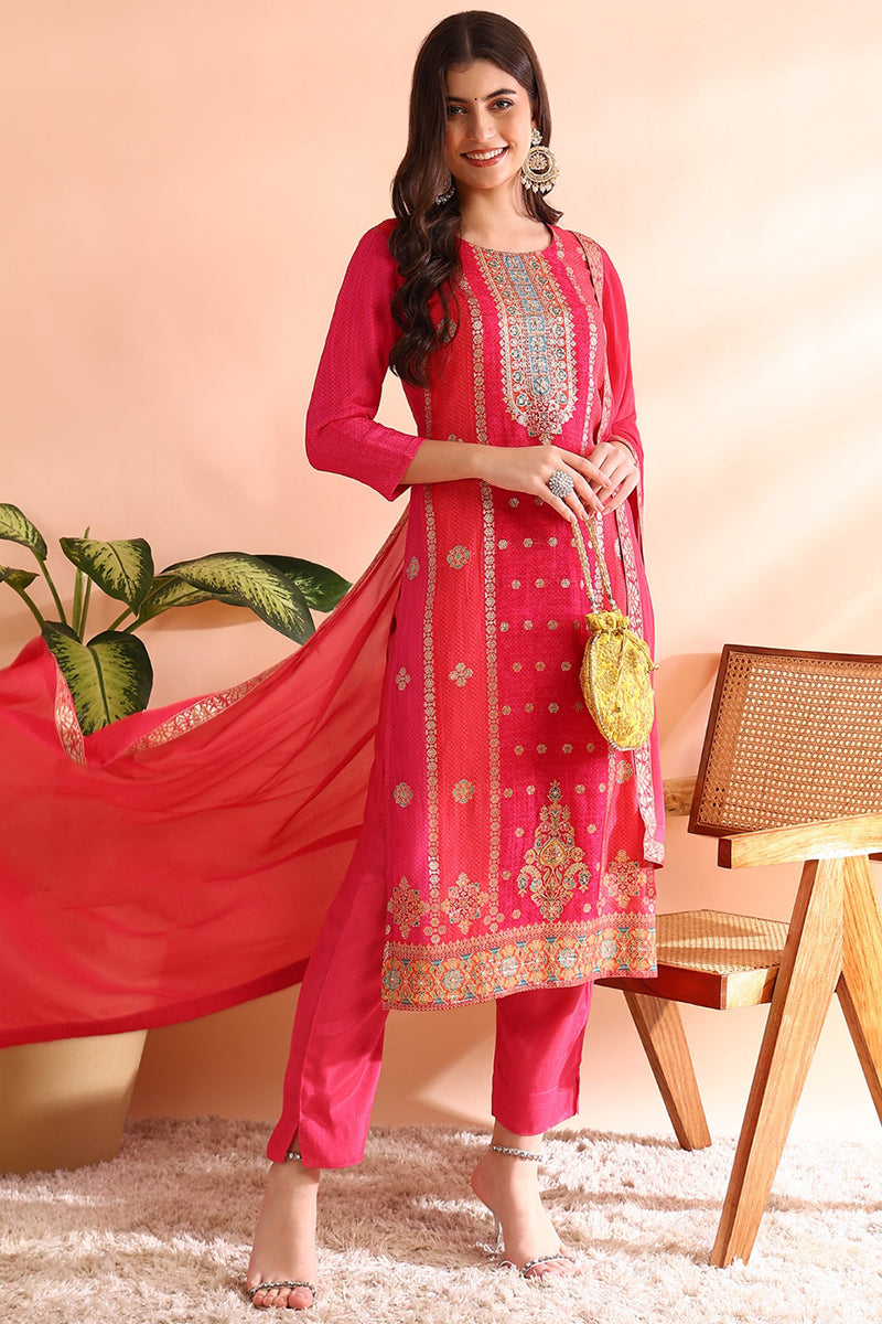 Pink Organza Ethnic Motifs Hand Work Woven Design Straight Trouser Bottom Suit Set PKSKD2587