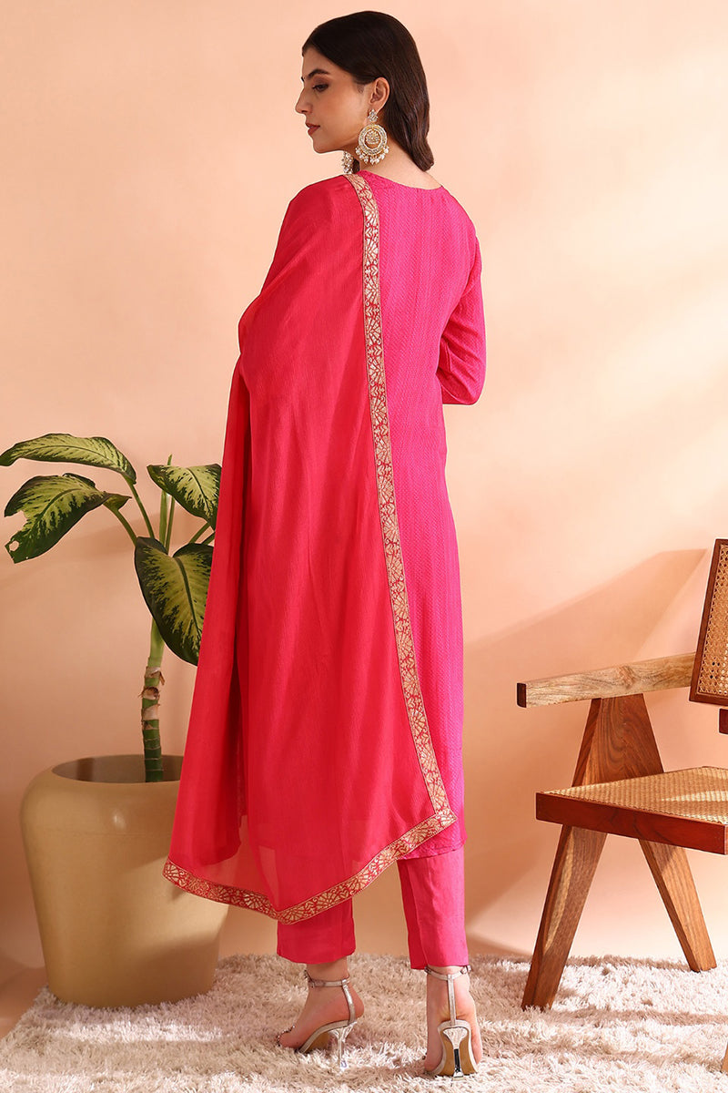 Pink Organza Ethnic Motifs Hand Work Woven Design Straight Trouser Bottom Suit Set PKSKD2587