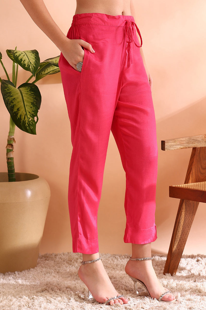 Pink Organza Ethnic Motifs Hand Work Woven Design Straight Trouser Bottom Suit Set PKSKD2587